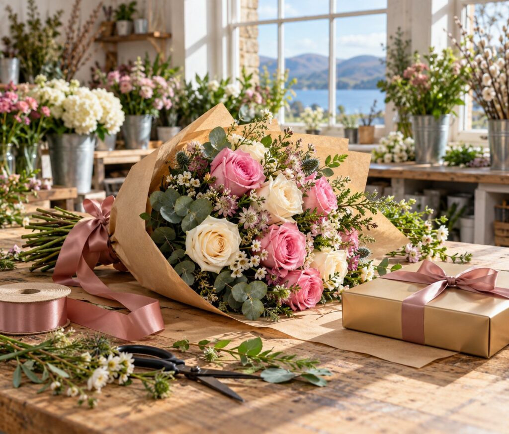 Hand-tied bouquet and a box of chocolates on a Williamson's My Florist workbench.